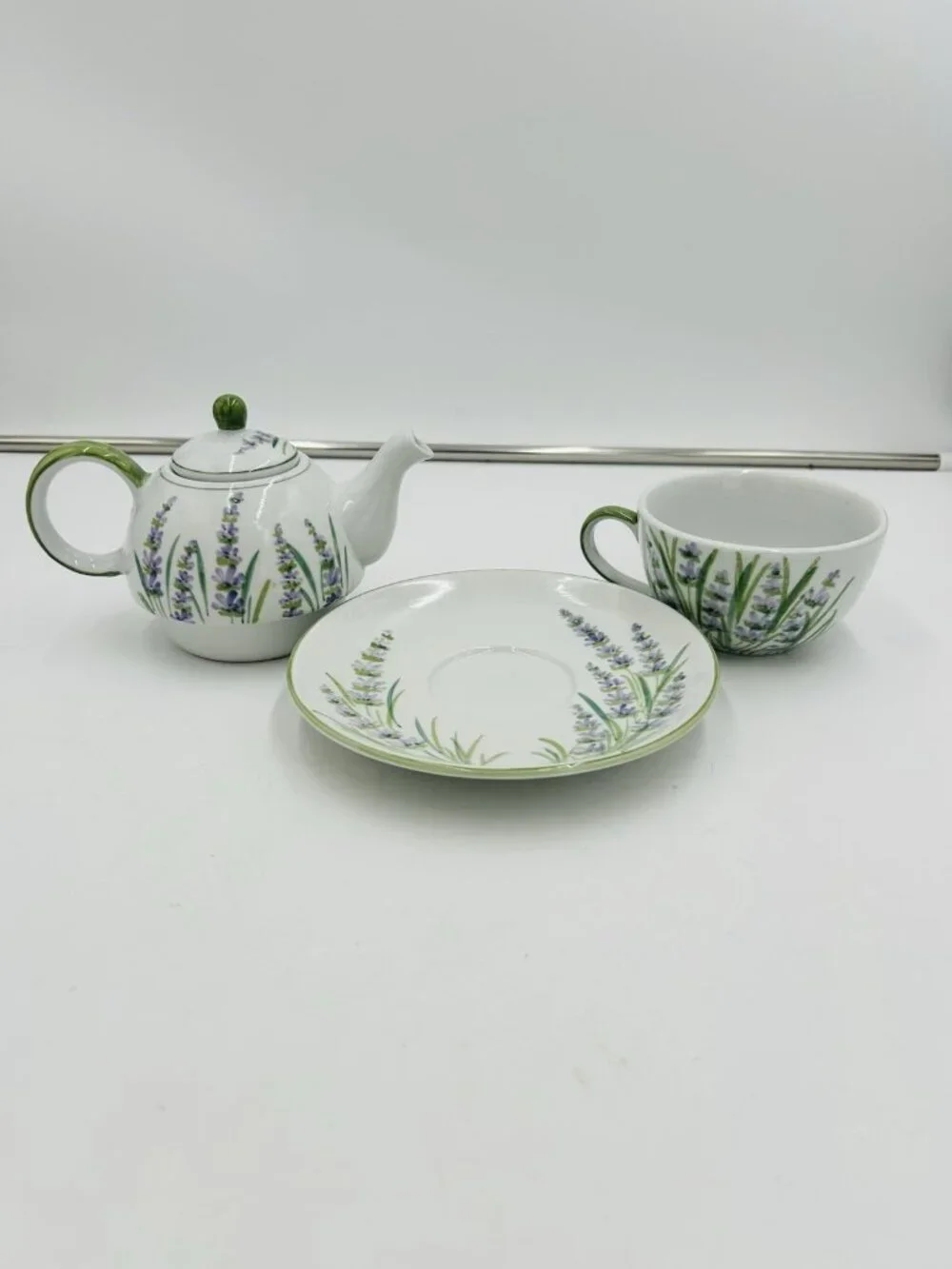Andrea by Sadek Lavendar Stackable Tea for One Set Teapot Teacup Saucer